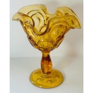 Vintage LE Smith Moon & Stars Amber Pedestal Bowl/Candy Dish Ruffled Edge